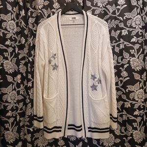 Stevie by Steve Madden Open Cardigan Sz Med White w/Blk Stripes & Applique Stars